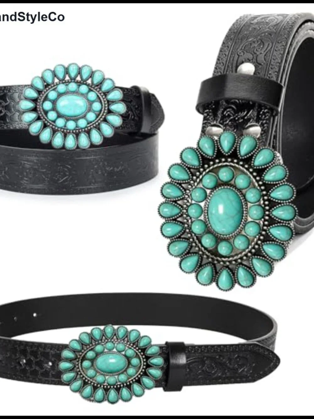Vintage Floral Engraved PU Leather Belt with Turquoise Studded Buckle